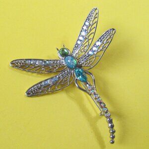 Dragonfly brooch Silver tone Blue rhinestones
